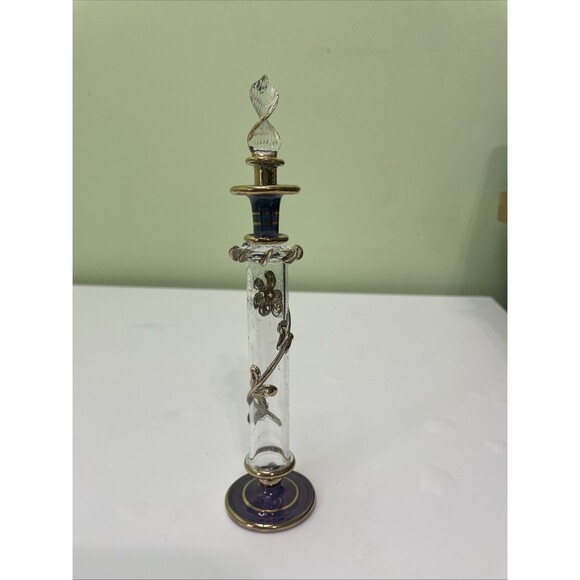 Vintage Hand Blown Purple Glass Perfume Bottle Gold Trim With Stopper - Picture 2 of 4